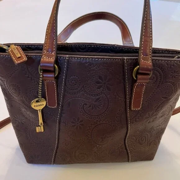 FOSSIL | Brown Floral Tooled Embossed Leather Crossbody or Handbag-EUC - Picture 1 of 16